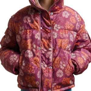 Burgundy And Orange Floral Print Women's Puffer Jacket