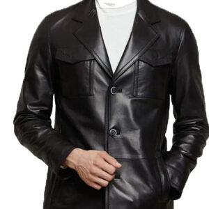 Daron Slim-Fit Men`s Leather Blazer in Black