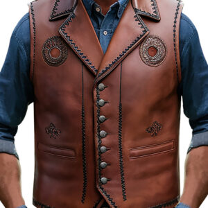 Western Style Men's Brown Leather Vest with Embroidery Design