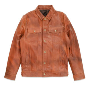 Trucker Style Bomber Jacket in Tan Brown Leather
