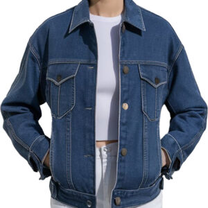 Embroidered Pink Floral Women's Denim Jacket in Classic Blue