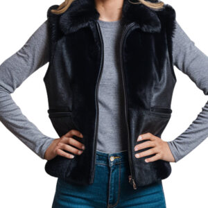Black Faux Fur Trim Women`s Leather Vest