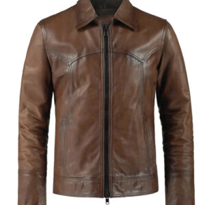 Brown Shirt Style Bold Lined Genuine Leather Biker Jacket