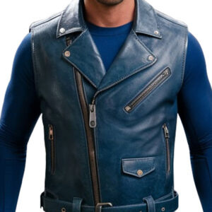 Blue Luxe Leather Biker Vest for Men
