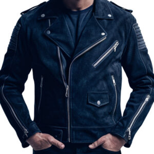 Men's Navy Blue leather Moto Biker Suede Jacket