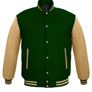 Green Ribbed Knit Bomber Varsity Jacket