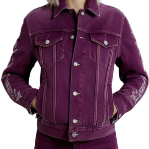 Purple Artistic Women's Denim Jacket with White Embroidery