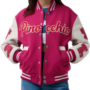 Pink Pinocchio Women's Varsity Letterman Jacket With White Sleeves