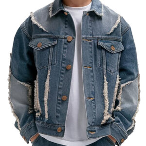 Men's Blue Denim Jacket with Frayed Detailing