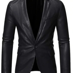 Men`s Black Leather Blazer with Lapel Design