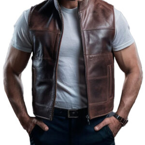 Stylish Men's Brown Stride Leather Vest With Zipper Closure