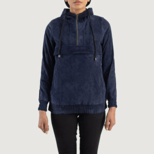 Zest Blue Hooded Women`s Suede Pullover Jacket