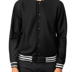 Black Ribbed Knit Bomber Style Varsity Jacket