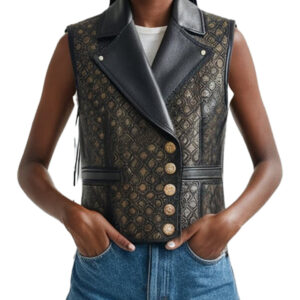 Embossed Women's Leather Vest in Black
