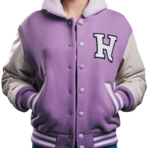 Hooded Women's Purple Varsity Jacket With White Sleeves