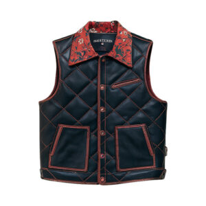Men's Stylish Quilted Black Leather Vest with Floral Collar