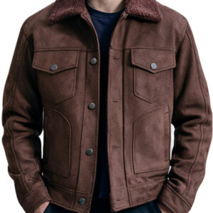 Men's Brown Shearling Collar Suede Jacket
