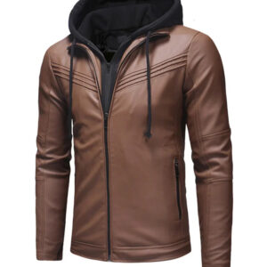 Genuine Leather Bomber Biker Jacket with Hooded Design