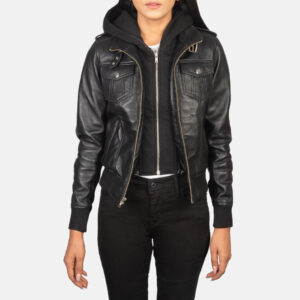 Women`s Roslyn Black Hooded Leather Bomber Jacket