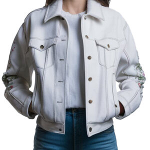 Embroidered Floral Women's Denim Jacket in Classic White