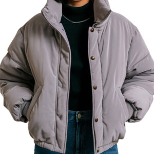 Gray Women's Puffer Jacket With High Collar