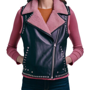 Black Leather Women`s Vest Featuring Pink Faux Shearling Collar