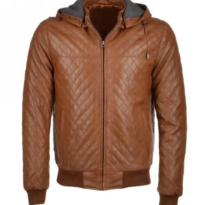 Tan Brown Quilted Leather Men`s Bomber Jacket
