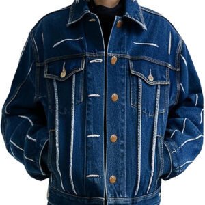 Blue Women's Denim Jacket with Trendy White Stripe Details