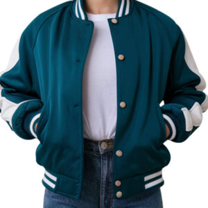 Stylish Teal and White Women's Varsity Jacket
