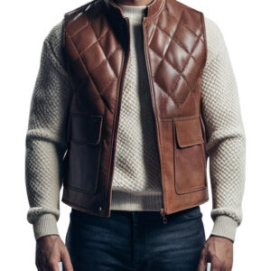 Brown Quilted Crest Leather Vest for Men