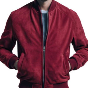 Men's Burgundy Classic Style Bomber Suede Jacket