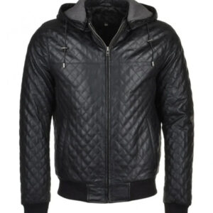 Men's Black Hooded Quilted Leather Bomber Jacket
