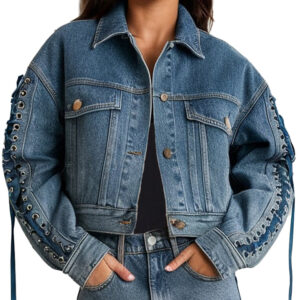 Cropped Blue Women's Denim Jacket Featuring Lace-Up Sleeves