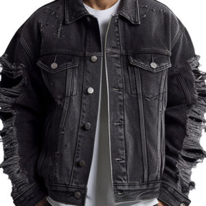 Men’s Ripped Sleeve Black Distressed Denim Jacket