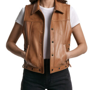 Women's Brown Leather Biker Vest with Adjustable Side Laces