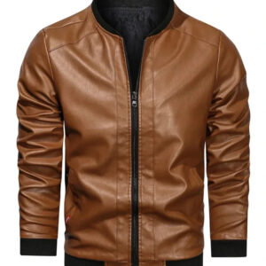 Tan Brown Rib Knitted Leather Biker Jacket