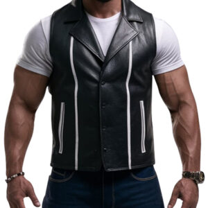 Black Cinched Leather Vest for Men with White Stripes