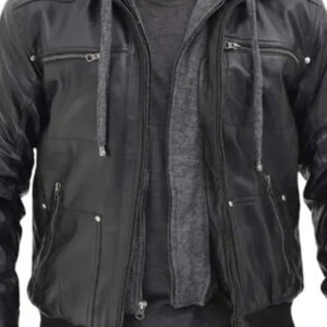 Hooded Black Bomber Leather Jacket for Men