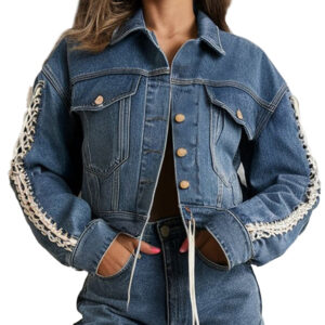 Stylish Blue Women's Denim Jacket in Unique Lace-Up Design