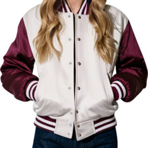 Stylish Women's Varsity Jacket in White and Burgundy