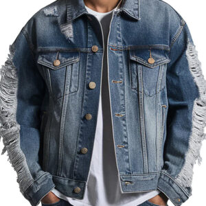 Men's Blue Denim Jacket with Distressed Sleeves