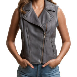 Women's Gray Leather Biker Vest with Zipper Closure