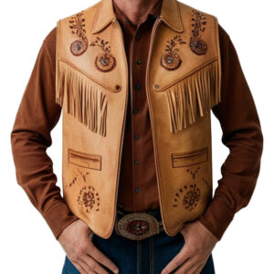 Classic Cowboy Style - Men's Tan Leather Western Vest with Fringe & Embroidery