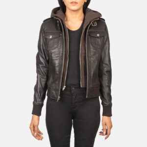 Women`s Roslyn Brown Hooded Leather Bomber Jacket