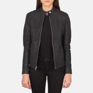 Kelsee Distressed Black Leather Women`s Biker Jacket
