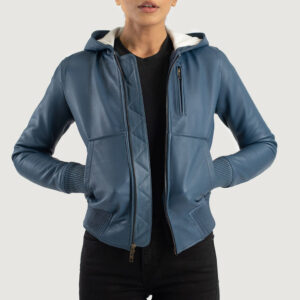 Women`s Luna Blue Hooded Leather Bomber Jacket