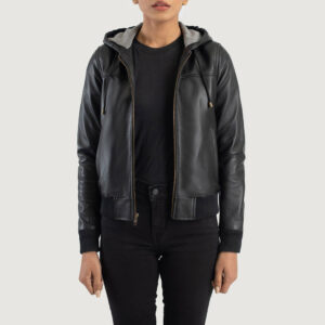 Women`s Rebella Black Hooded Leather Bomber Jacket