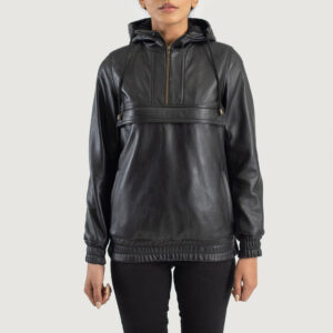 Women`s Zest Black Hooded Leather Pullover Jacket