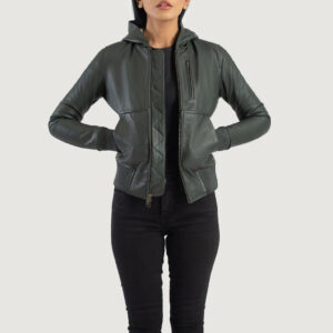 Women`s Luna Green Hooded Leather Bomber Jacket