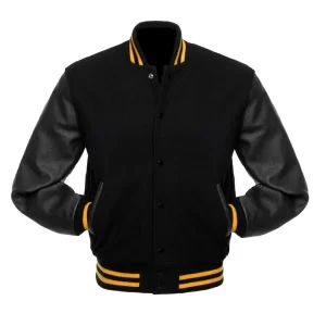 Black Wool Varsity Letterman Bomber Jacket Real Leather Sleeves